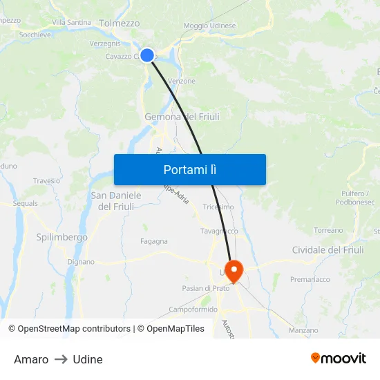Amaro to Udine map