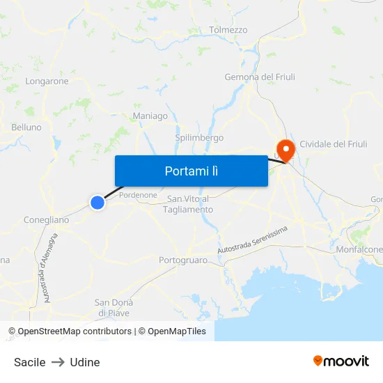 Sacile to Udine map