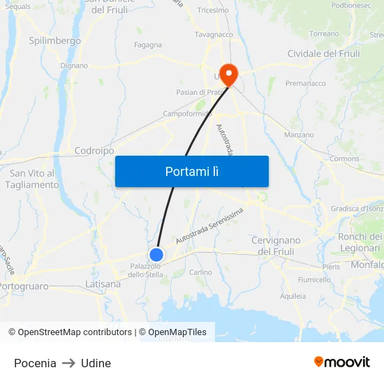 Pocenia to Udine map