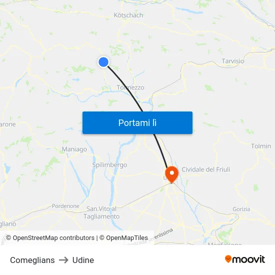 Comeglians to Udine map