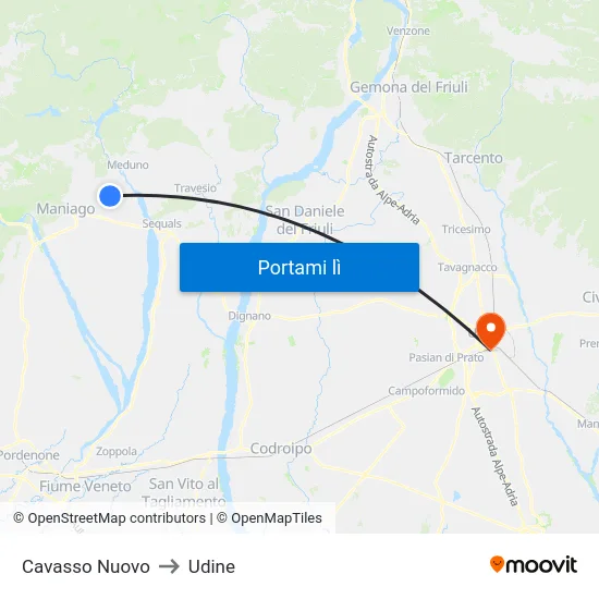 Cavasso Nuovo to Udine map