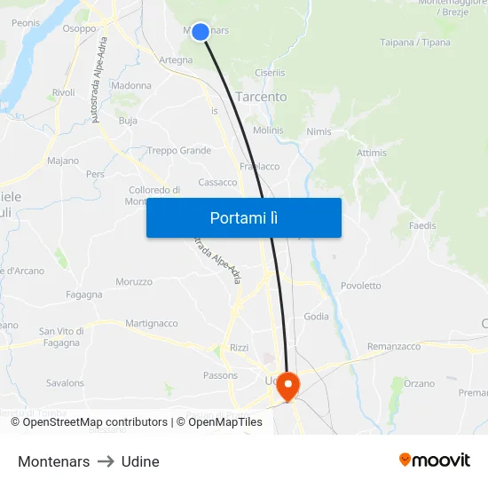 Montenars to Udine map