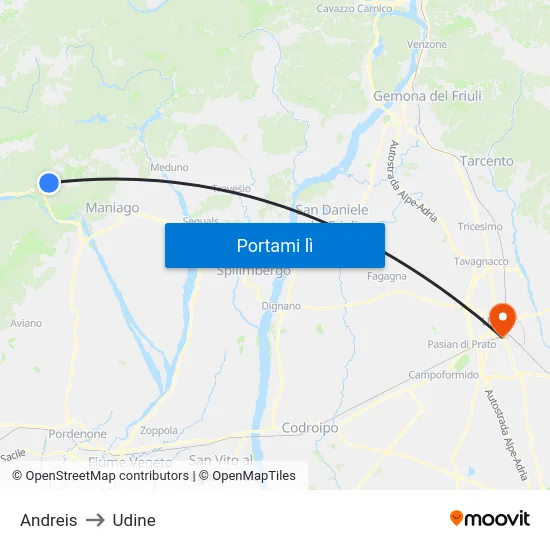 Andreis to Udine map