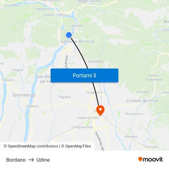 Bordano to Udine map