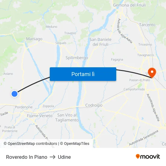 Roveredo In Piano to Udine map