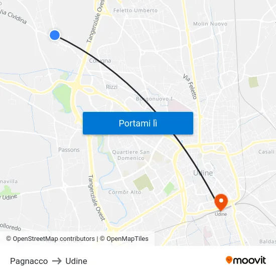 Pagnacco to Udine map