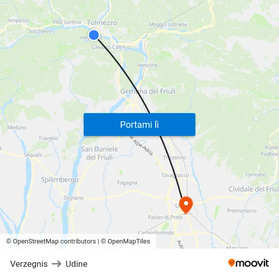 Verzegnis to Udine map