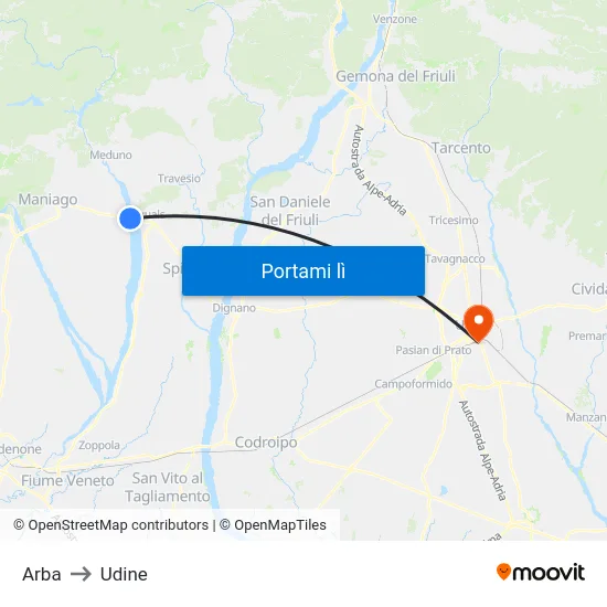 Arba to Udine map