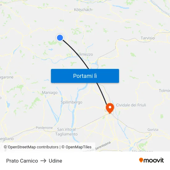 Prato Carnico to Udine map