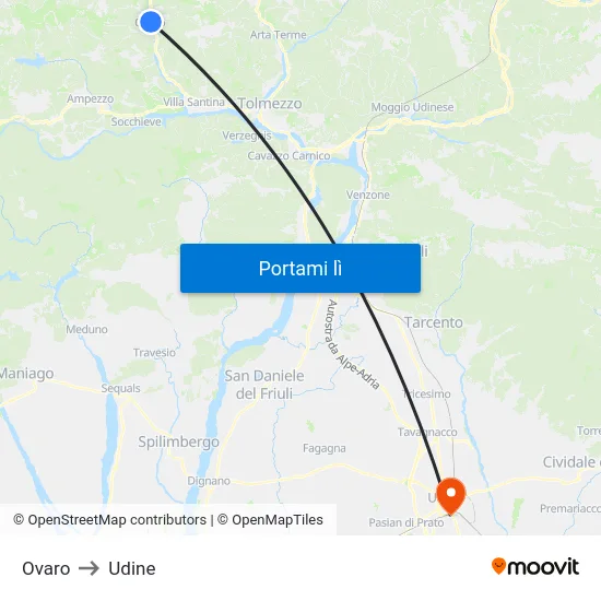 Ovaro to Udine map
