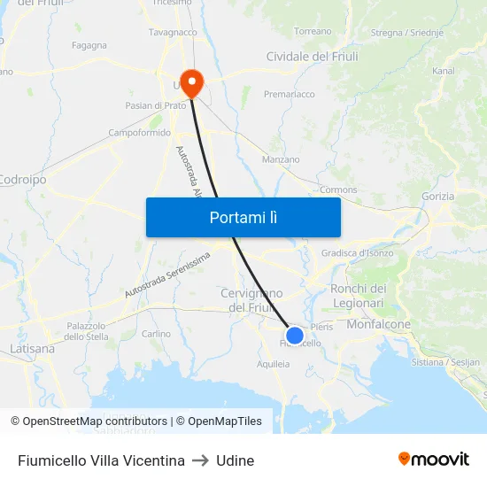Fiumicello Villa Vicentina to Udine map