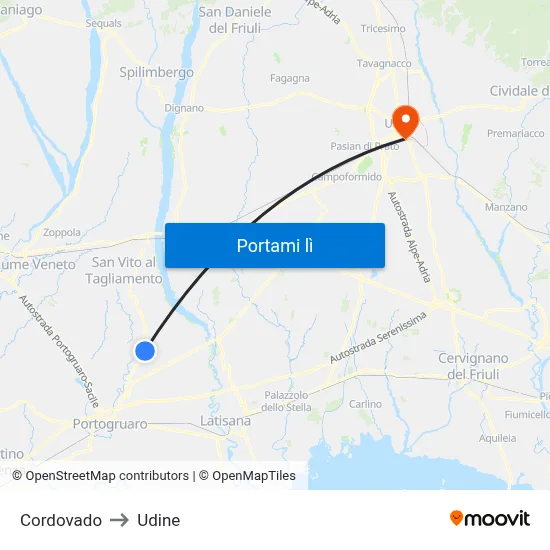 Cordovado to Udine map