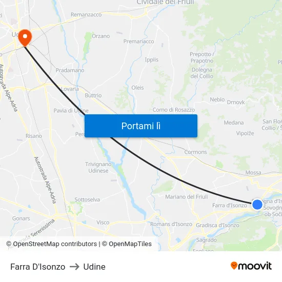 Farra D'Isonzo to Udine map