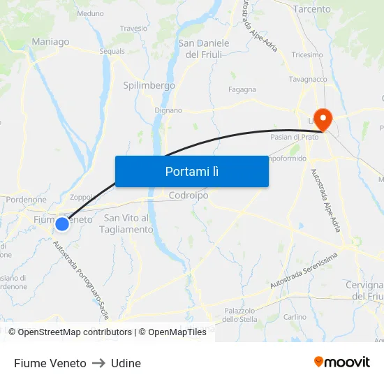 Fiume Veneto to Udine map