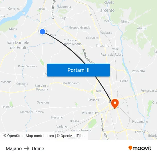Majano to Udine map