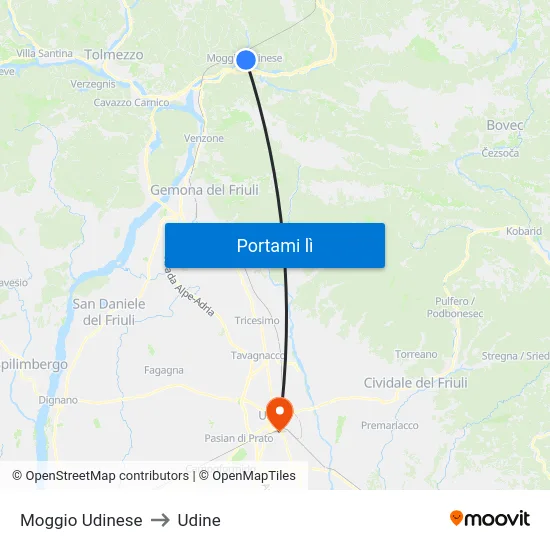 Moggio Udinese to Udine map