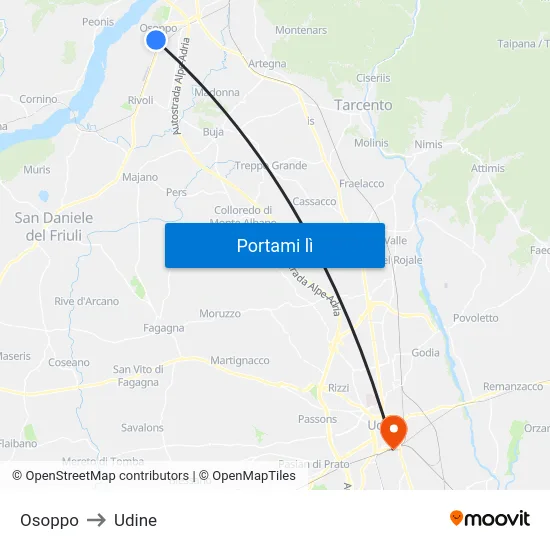 Osoppo to Udine map