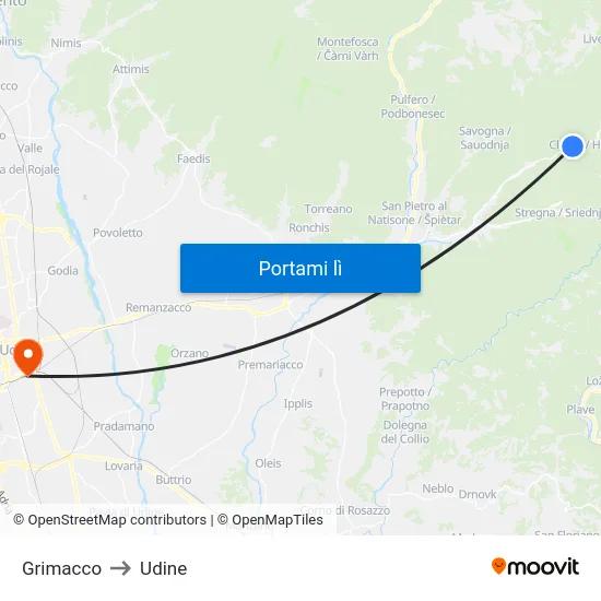 Grimacco to Udine map