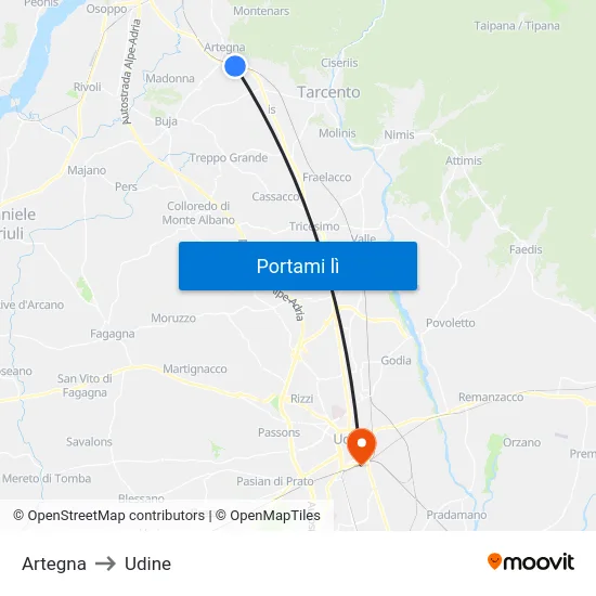 Artegna to Udine map