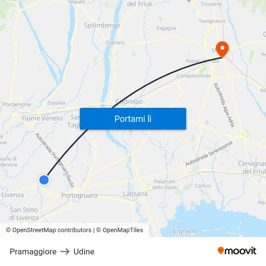 Pramaggiore to Udine map