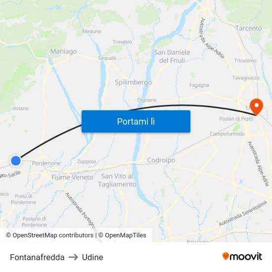 Fontanafredda to Udine map