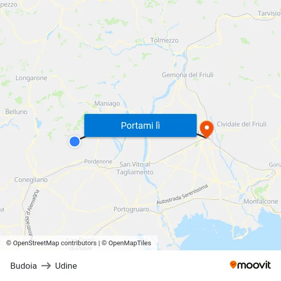 Budoia to Udine map