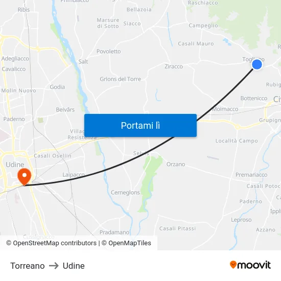 Torreano to Udine map