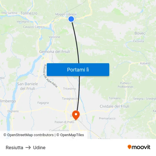 Resiutta to Udine map