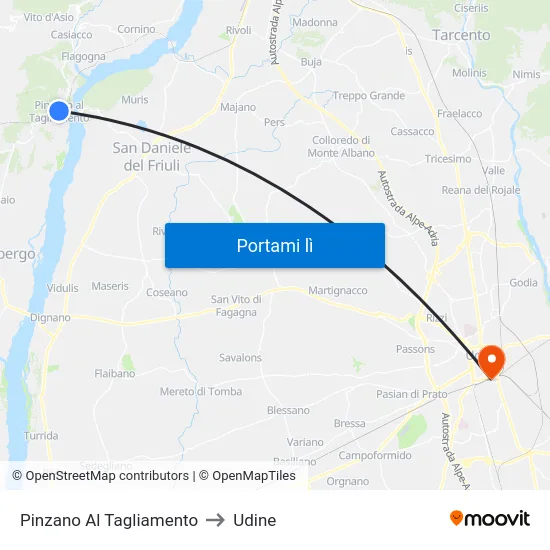 Pinzano Al Tagliamento to Udine map