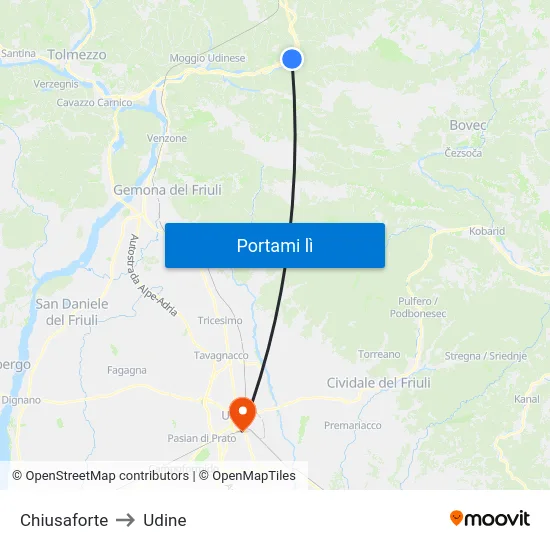 Chiusaforte to Udine map