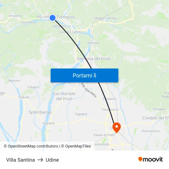 Villa Santina to Udine map