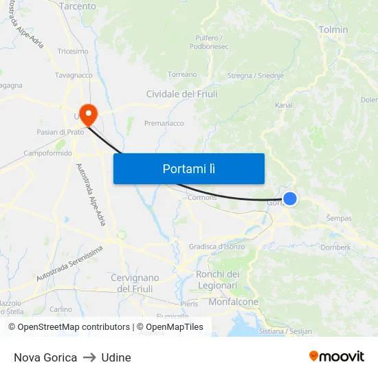 Nova Gorica to Udine map