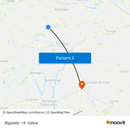 Rigolato to Udine map