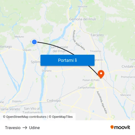 Travesio to Udine map