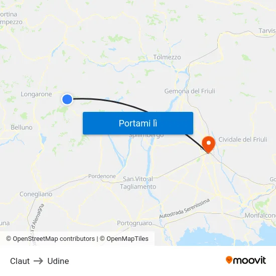 Claut to Udine map