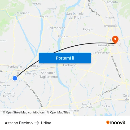 Azzano Decimo to Udine map