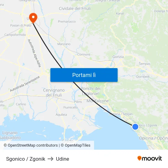 Sgonico / Zgonik to Udine map