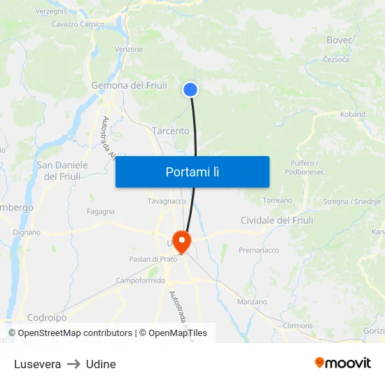 Lusevera to Udine map