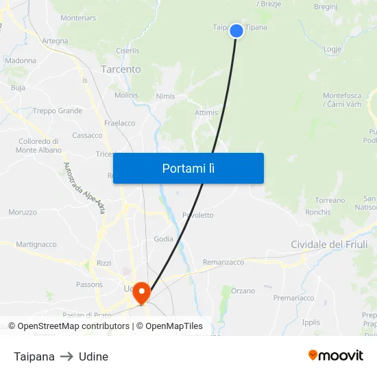 Taipana to Udine map