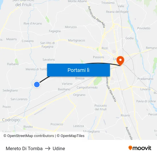 Mereto Di Tomba to Udine map