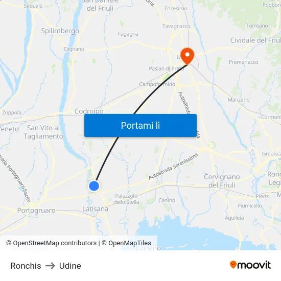 Ronchis to Udine map