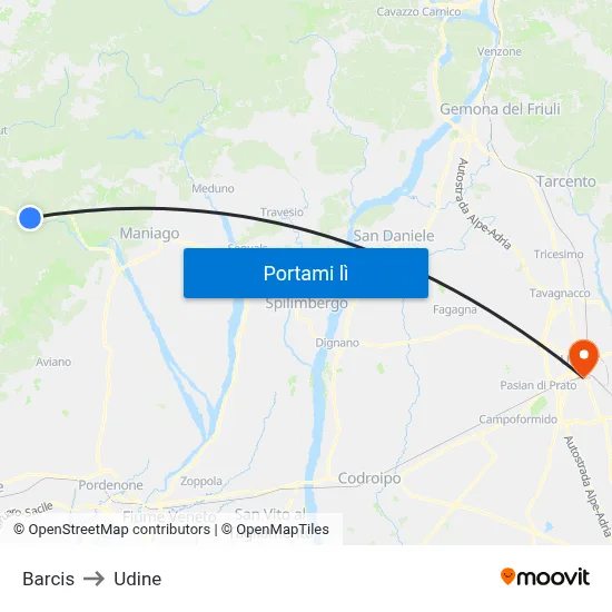 Barcis to Udine map