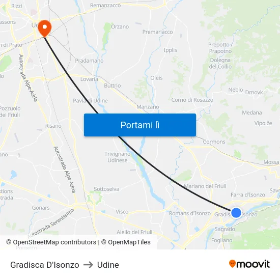 Gradisca D'Isonzo to Udine map