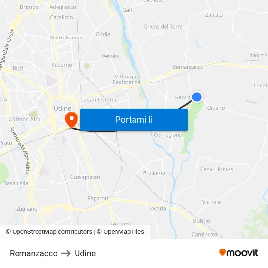 Remanzacco to Udine map