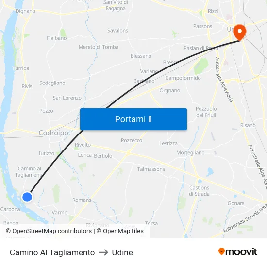 Camino Al Tagliamento to Udine map