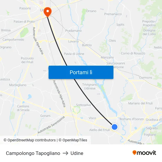 Campolongo Tapogliano to Udine map