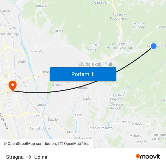 Stregna to Udine map