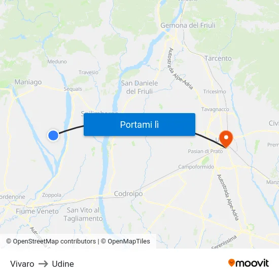 Vivaro to Udine map