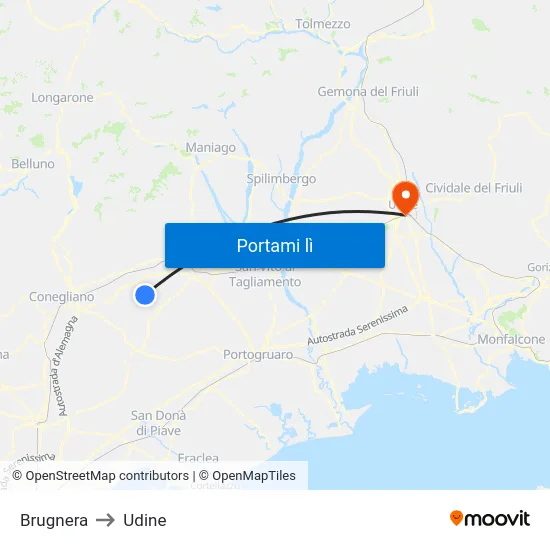 Brugnera to Udine map