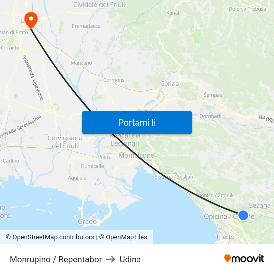 Monrupino / Repentabor to Udine map